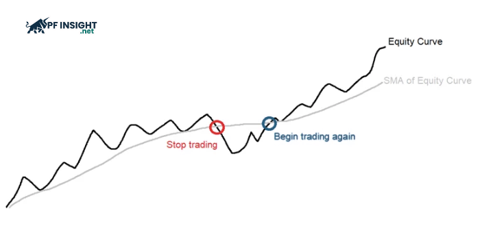 The equity curve chart illustrates drawdown, showing periods of account decline and the points at which a trader needs to temporarily stop trading to control risk.