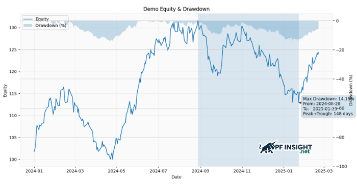 An equity curve illustrating drawdown, showing the decline of the account relative to the most recent peak over time.