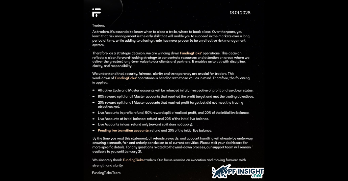 FundingTicks’ official statement outlines wind-down terms, including refunds and reward splits across account types.